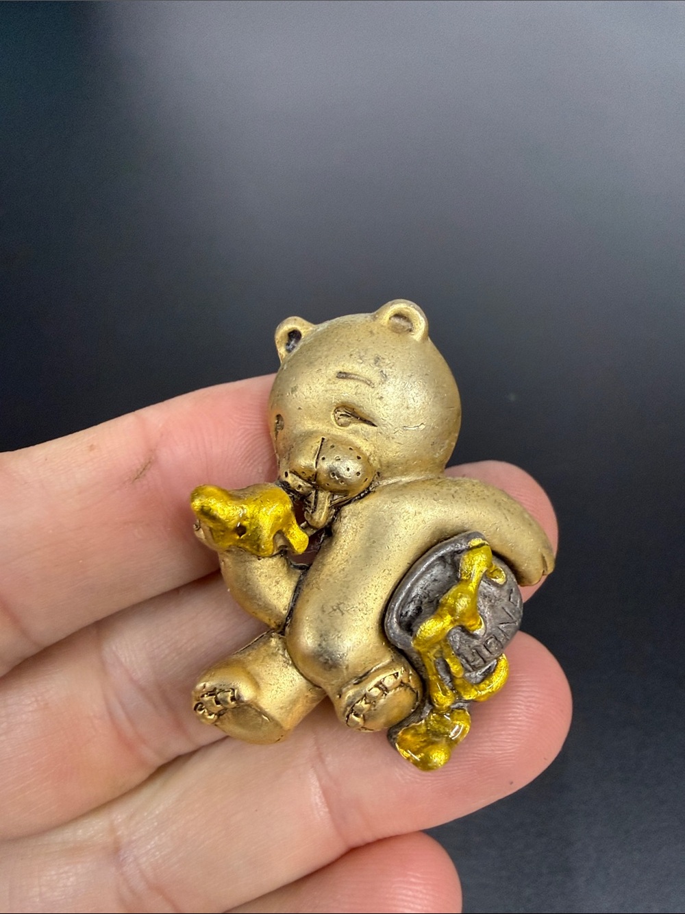 Vintage Danecraft Teddy Bear Brooch Goldtone Honey Pot Figural Pin